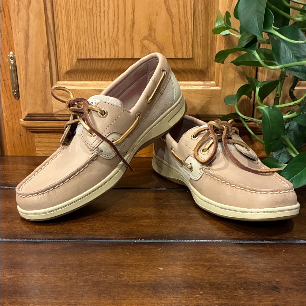 New Size 8 Sperry Boat Shoes Top Sider Leather and Fabric Tan & Glitter (ABBA)